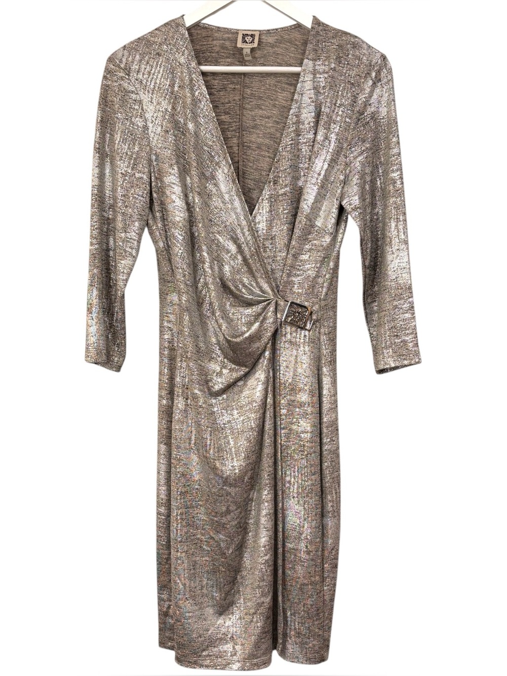 Anne Klein NWOT Metallic Silver Gold Faux Wrap Dress Size 6 US Womens